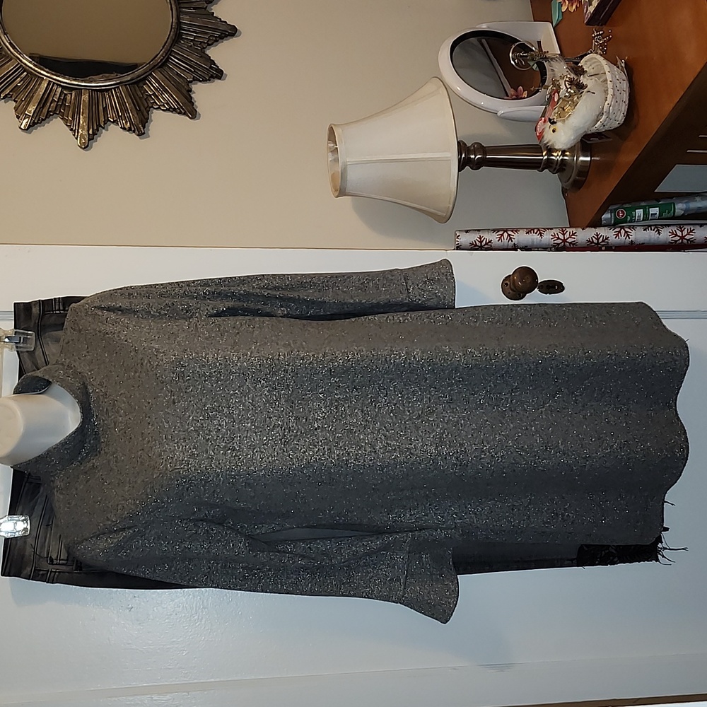 WHBM size small. Gray subtly sparkly metallic mockneck dress with bell sleeves.